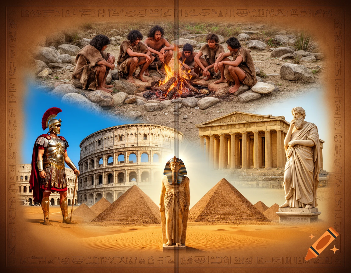 Collage of ancient civilizations: Stone Age people by fire, Roman soldier by Colosseum, Egyptian pyramids and sphinx, Greek temple and statue.