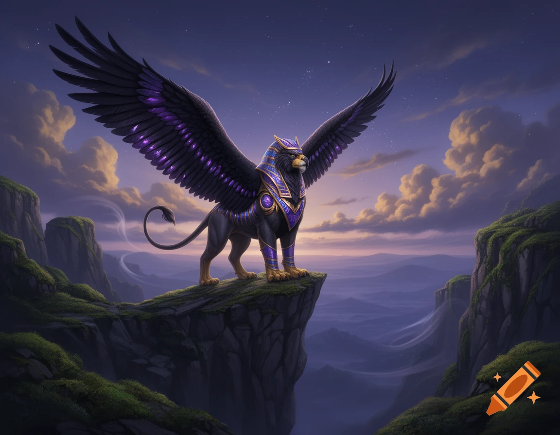 A majestic black hieracosphinx with purple wings and golden armor stands on a cliff overlooking a misty mountain range at dusk.
