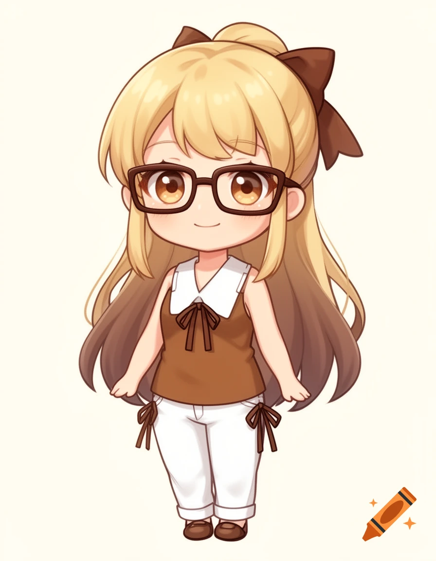 A cheerful chibi character with blonde and brown hair, glasses, a brown top, and white pants, in an anime-inspired digital art style.
