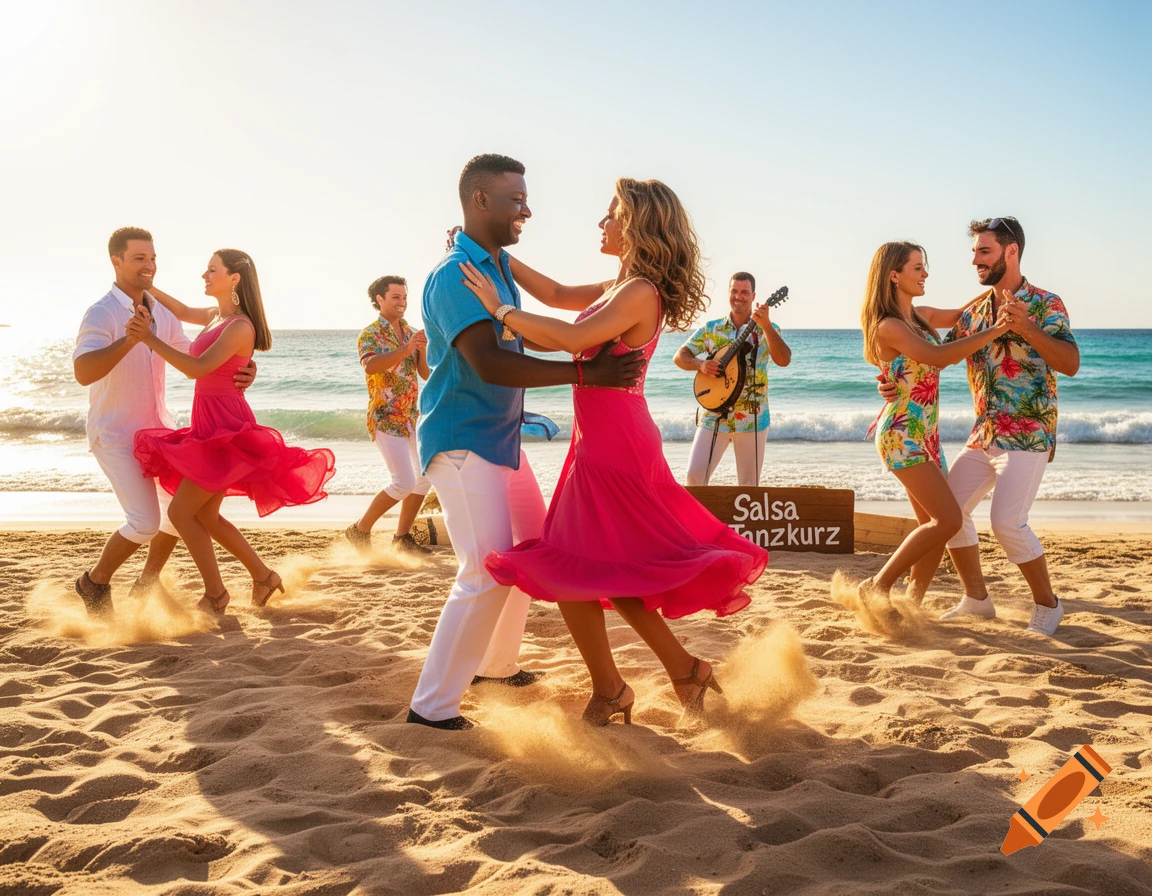 Photorealistic image of couples dancing salsa on a sunny beach, kicking up sand, with an ocean and a musician in the background.