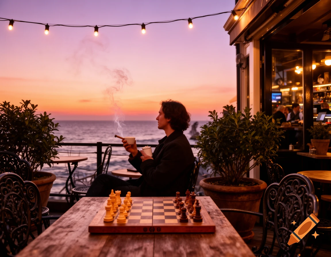 A man smokes a joint and drinks coffee at an outdoor cafe terrace, overlooking the ocean at sunset, with a chessboard on the table.