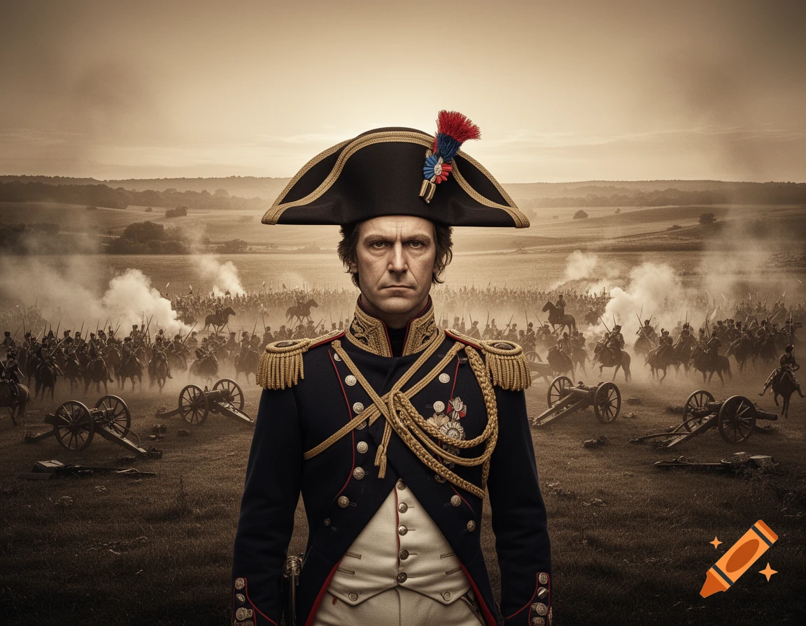 A stern general in a Napoleonic uniform stands on a smoky battlefield with soldiers and cannons in the background, sepia-toned.
