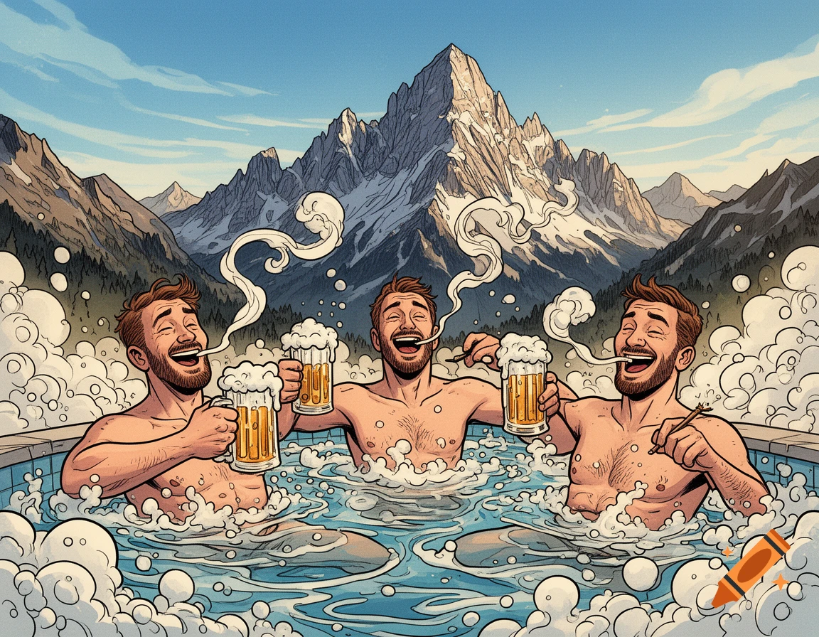 Three laughing men with beer and cigarettes in a hot tub with mountains in the background, comic style.