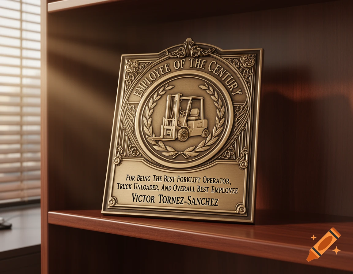 A photorealistic bronze 'Employee of the Century' award plaque with a forklift emblem on a wooden shelf, bathed in sunlight.