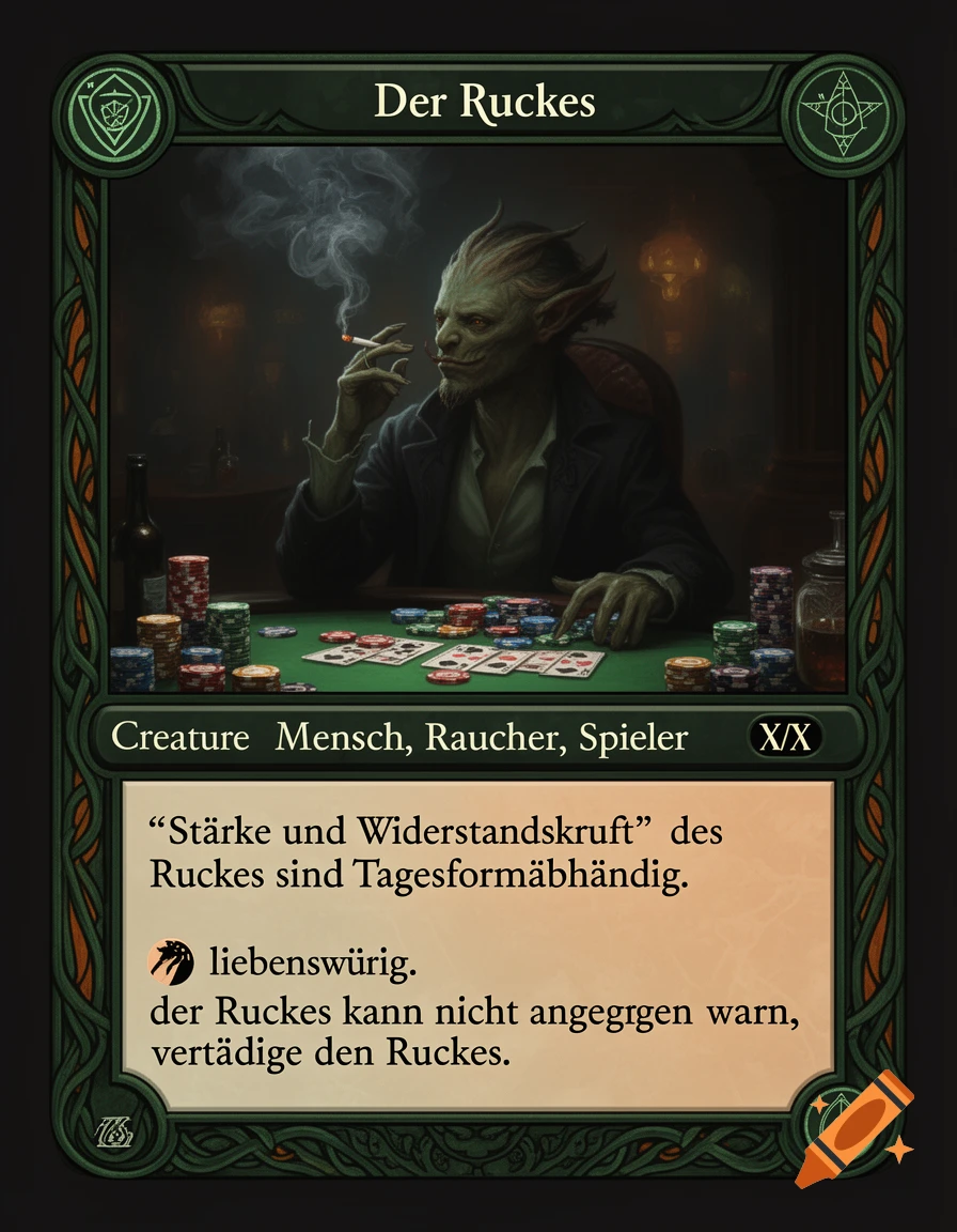 A fantasy trading card features a green-skinned, horned creature smoking a cigarette at a poker table, with text in a dark green frame.