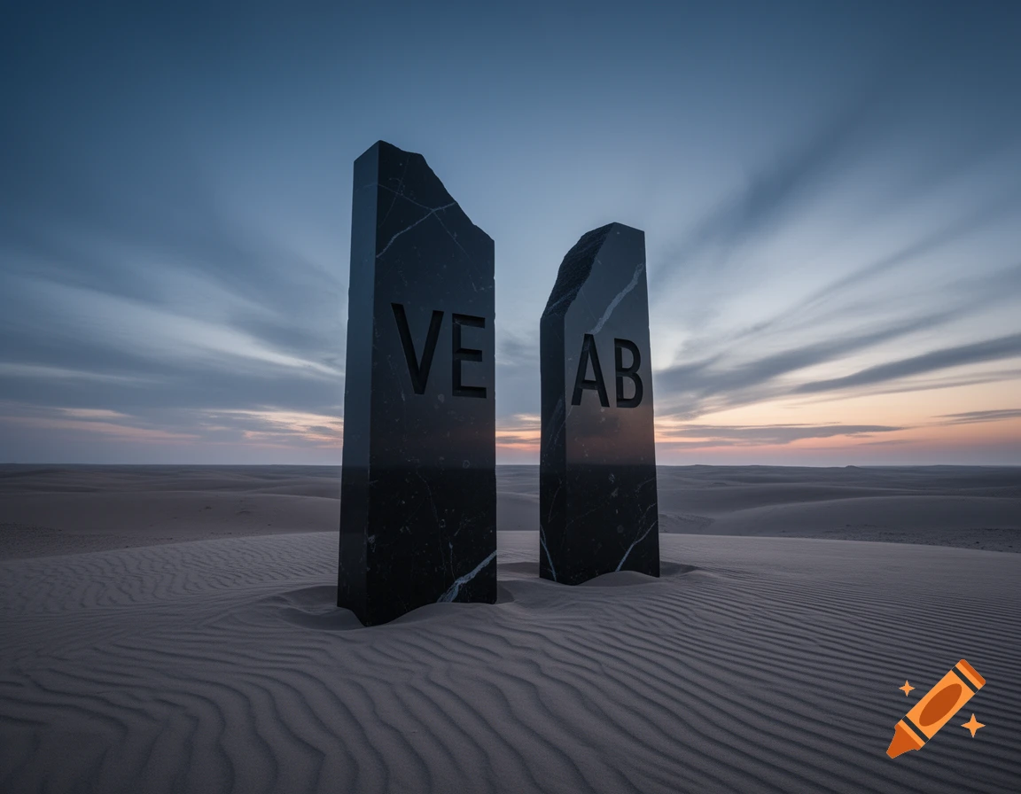 Two dark, broken marble monoliths, one with 'VE' and the other with 'AB' carved into it, stand in a vast sandy desert under a twilight sky.