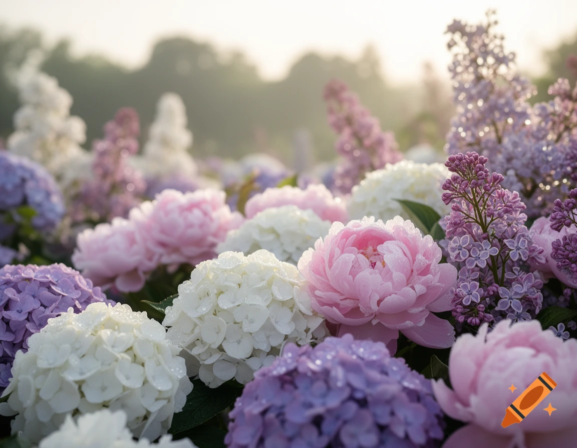A field of pink peonies, white hydrangeas, and purple lilacs with dew drops, bathed in soft morning light.