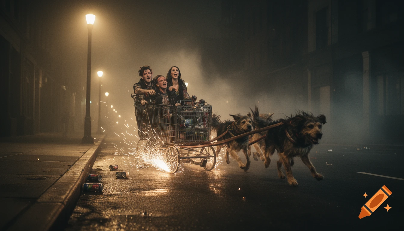 Three people ride a sparking shopping cart pulled by dogs down a dark, foggy urban street at night, lit by streetlights.