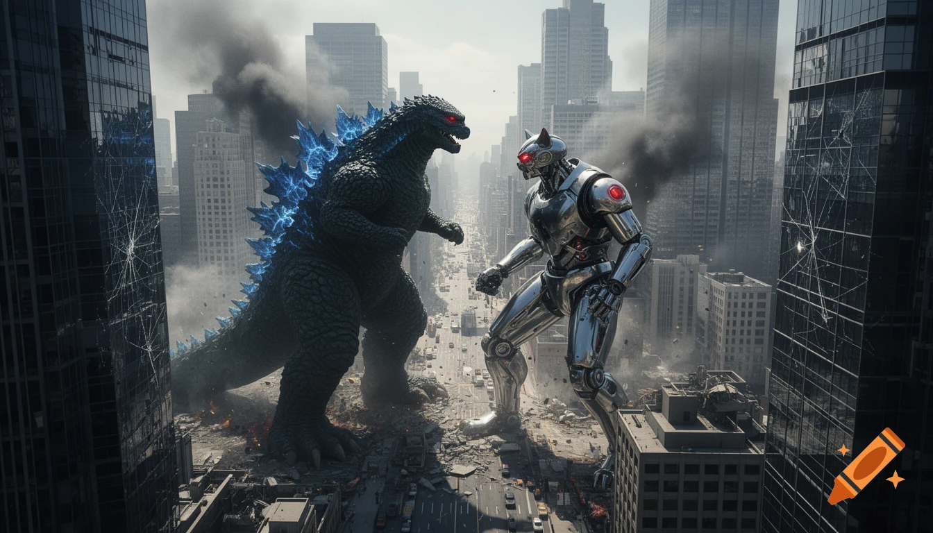 Photorealistic scene of Godzilla with glowing blue spines battling a giant silver cat robot amidst destroyed skyscrapers in a city.