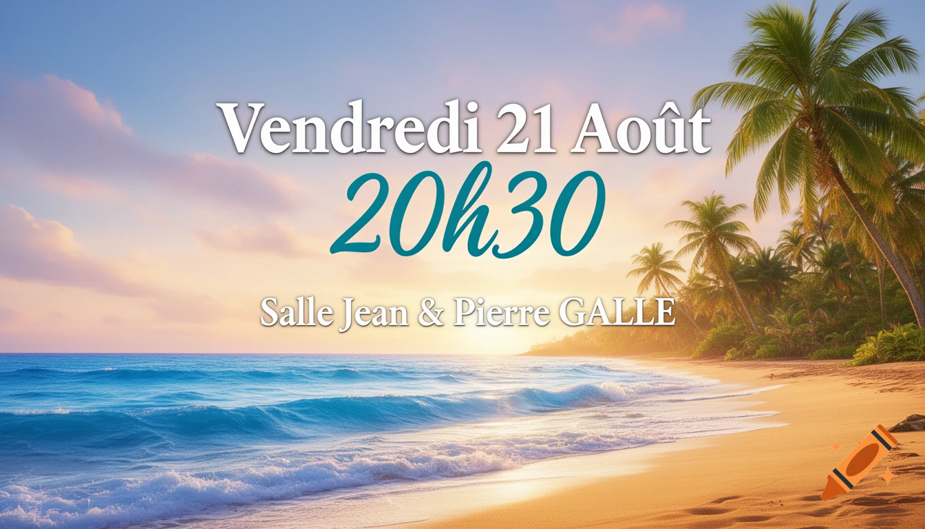 A scenic tropical beach at sunset with palm trees and ocean waves, featuring event text: 'Vendredi 21 Août, 20h30, Salle Jean & Pierre GALLE'.