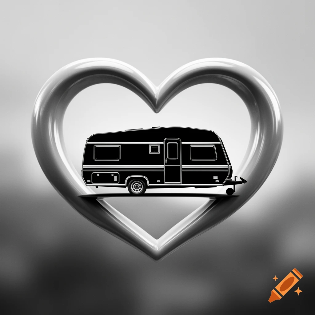 A black silhouette of a travel trailer (caravan) inside a shiny silver heart, presented in black and white.