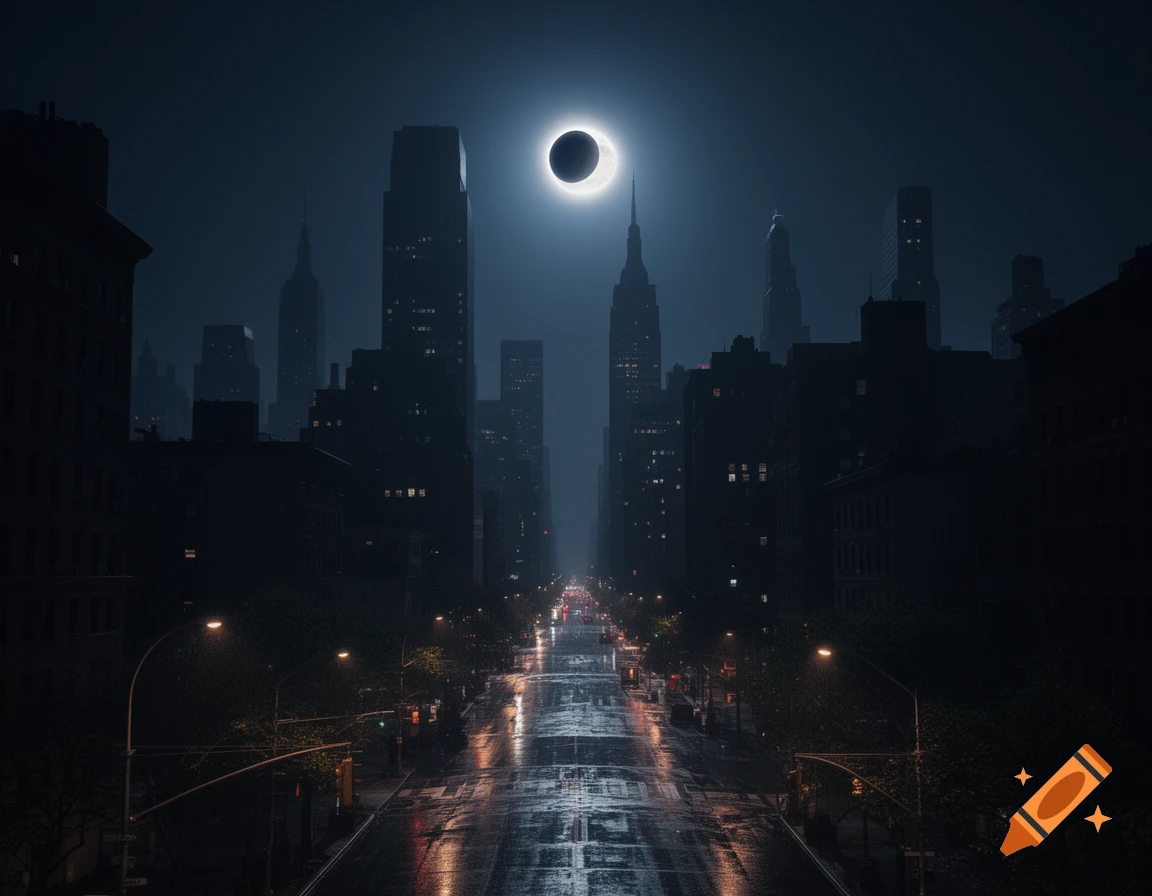 A dark, moody New York cityscape at night with a total solar eclipse visible above the towering skyscrapers and a wet street below.