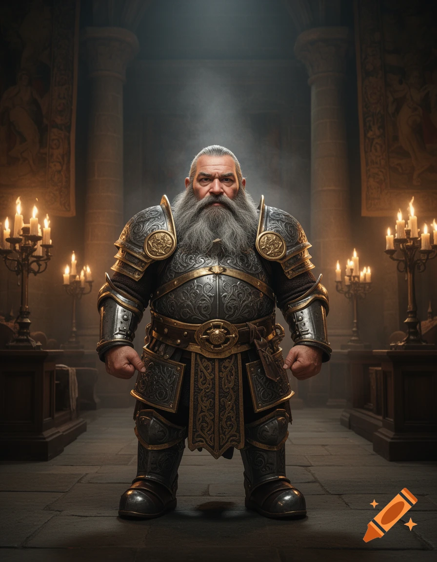A stout fantasy dwarf with a long gray beard and ornate dark and gold armor stands in a dimly lit stone hall with candles.