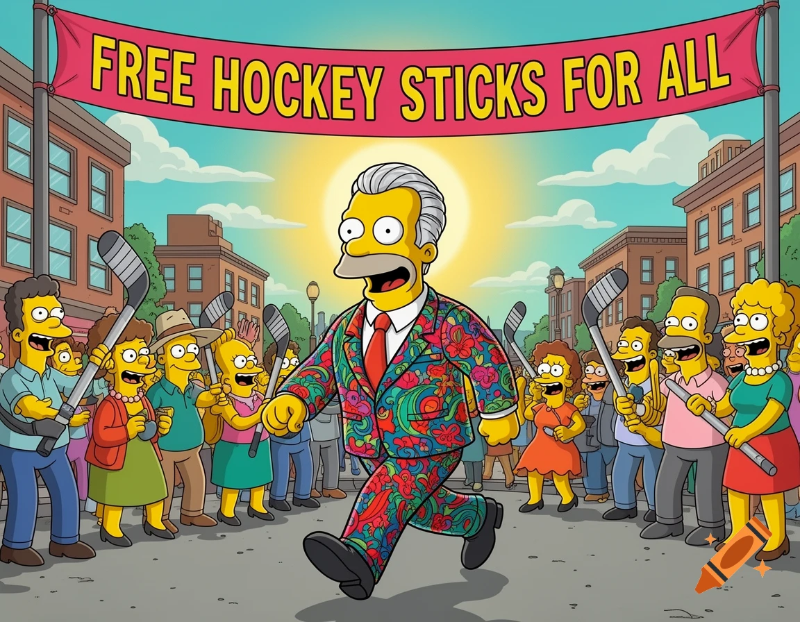 A Homer Simpson-like politician in a floral suit runs through a cheering crowd holding hockey sticks under a 'FREE HOCKEY STICKS FOR ALL' banner, in The Simpsons cartoon style.