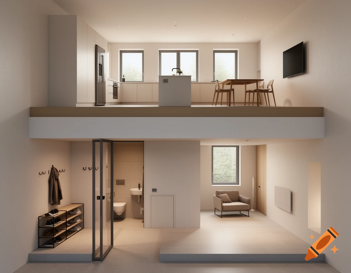 Modern multi-level open-plan home interior with kitchen and dining upstairs, and entryway and living area downstairs.