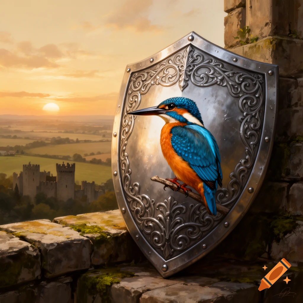 A vibrant blue and orange kingfisher perches on an ornate silver shield, overlooking a medieval castle landscape at sunset.