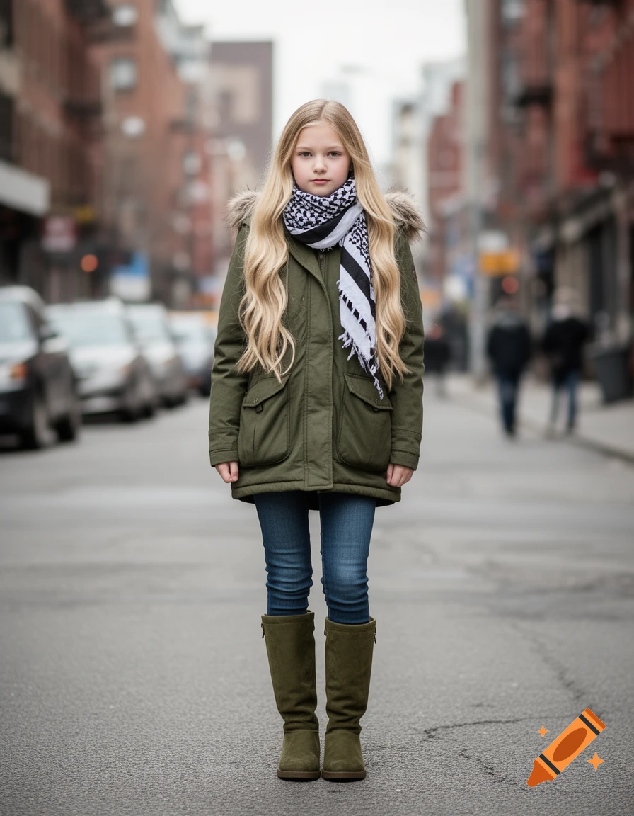 A young girl with long blonde hair wearing a green parka, keffiyeh scarf, blue jeans, and tall green boots stands on an urban street.
