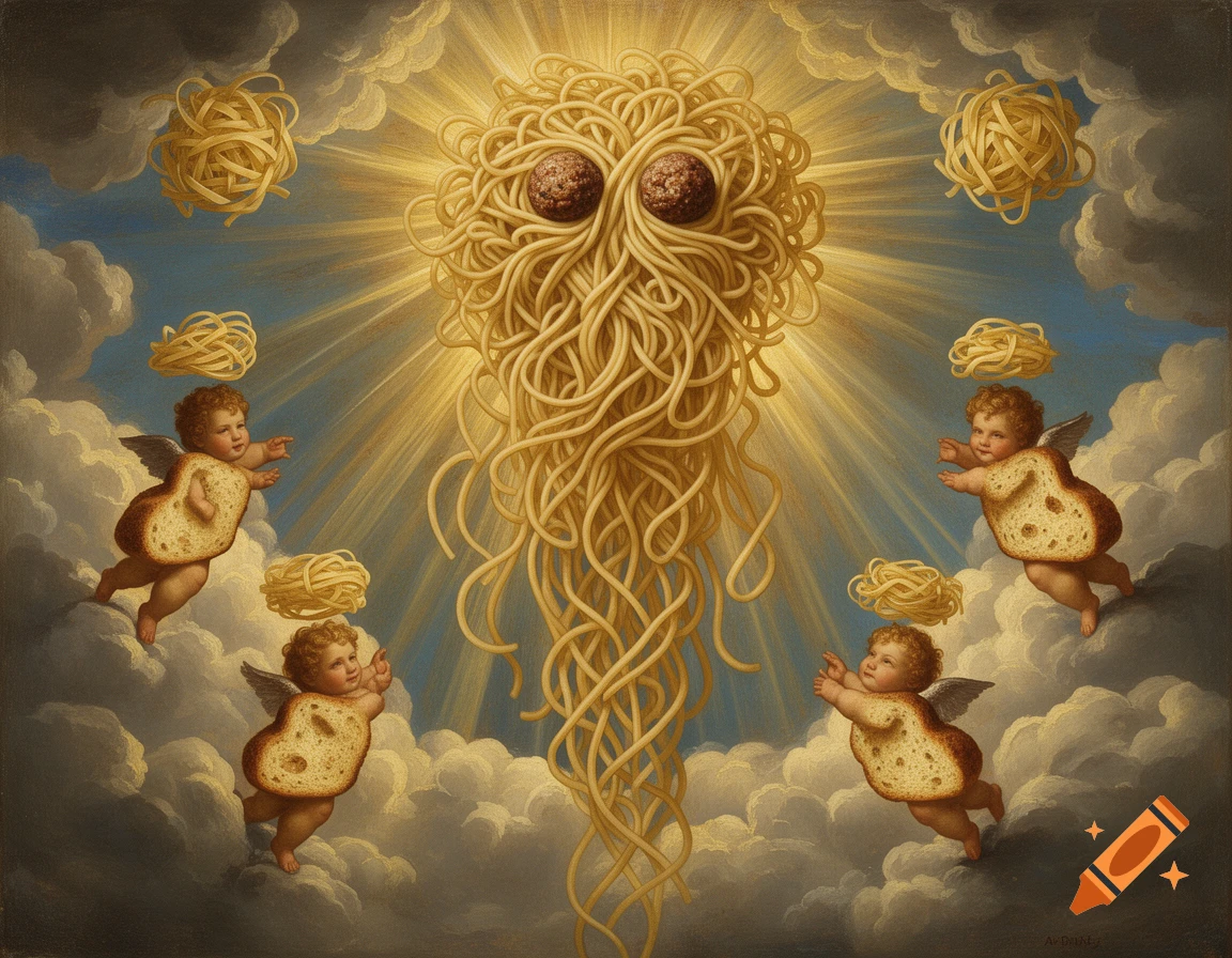 An oil painting of the Flying Spaghetti Monster with meatballs, radiating light, surrounded by flying garlic bread cherubs in heavenly clouds.