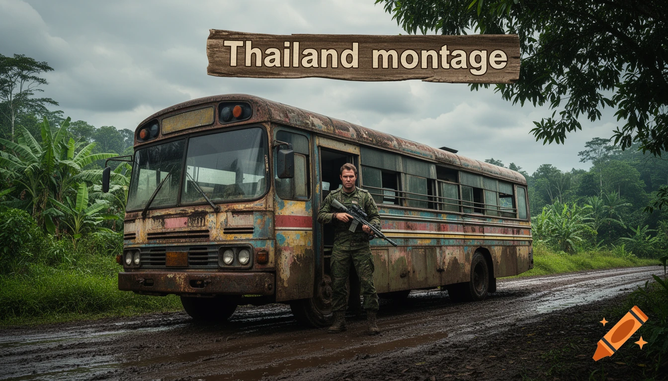 A man in camouflage holding a sniper rifle stands by a rusty bus on a muddy jungle road under a cloudy sky. Text 'Thailand montage' on a wooden sign.