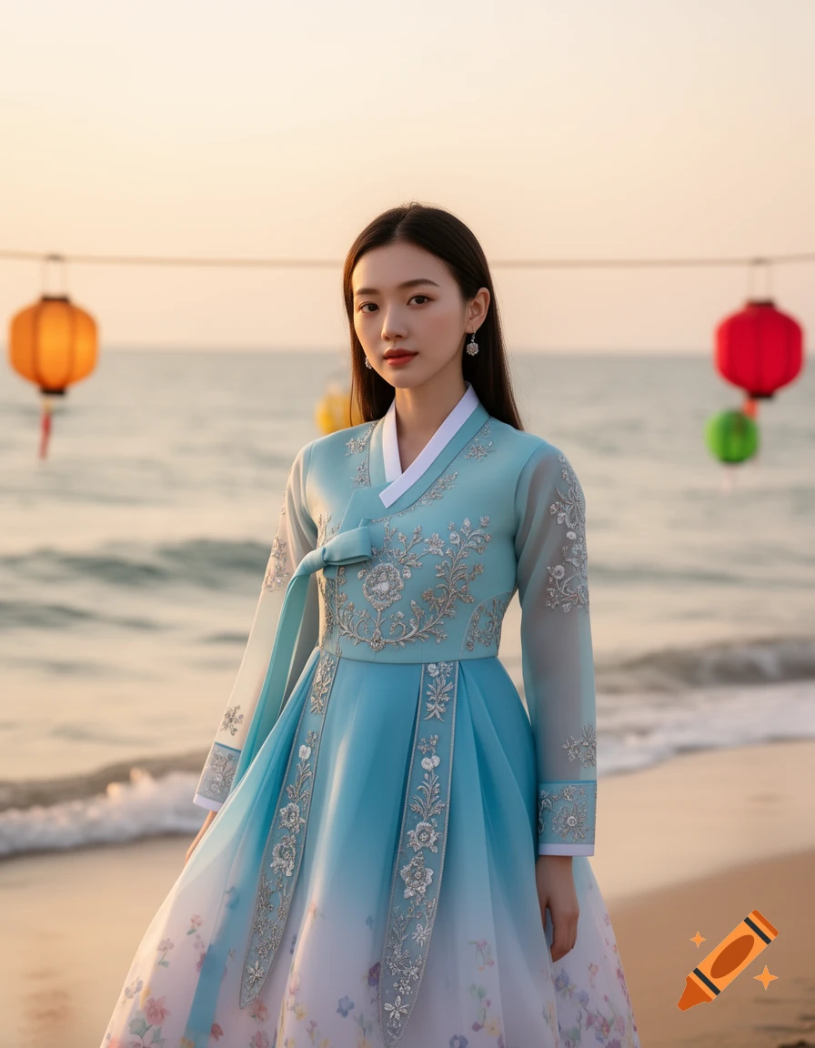 A young woman in an elaborate light blue and white Hanbok with floral embroidery stands on a sandy beach at sunset, with lanterns strung in the background.