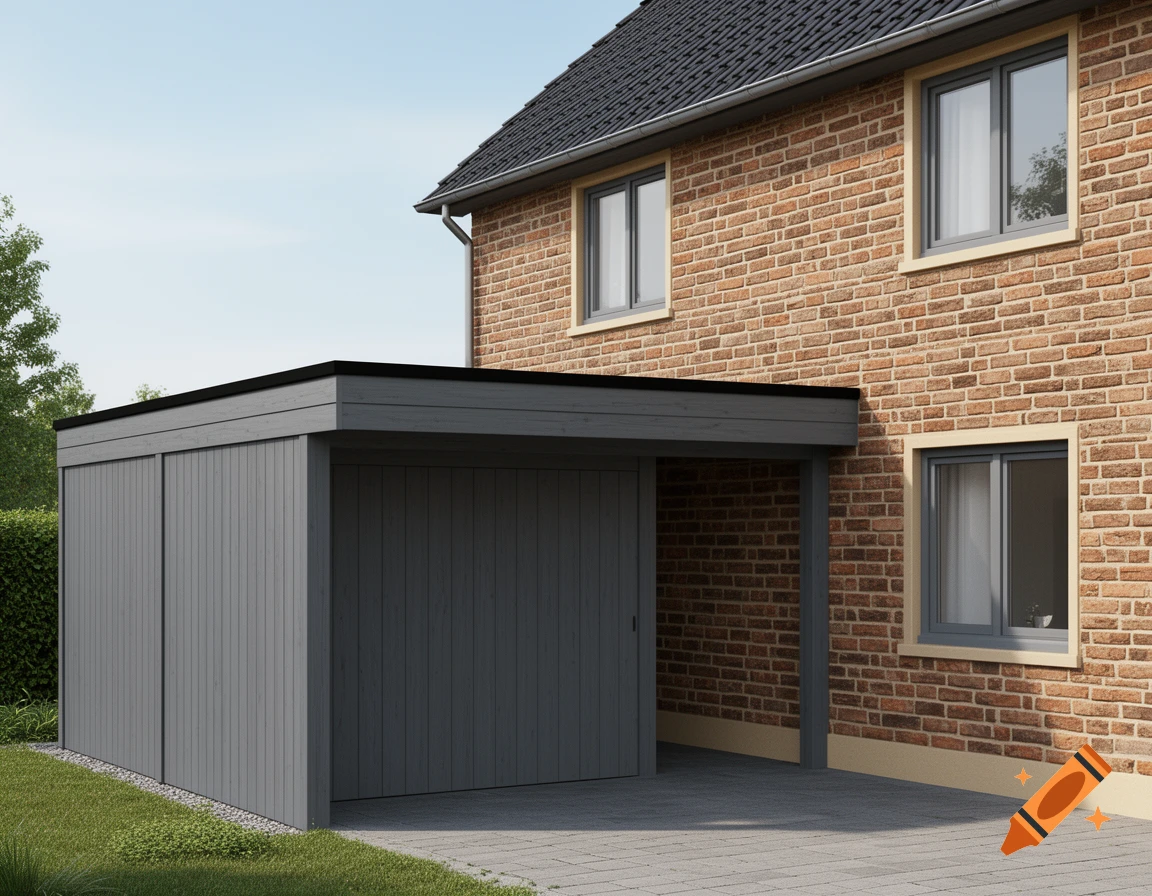 A modern grey wooden carport with a flat black roof attached to a brick house, next to a paved driveway and green lawn.