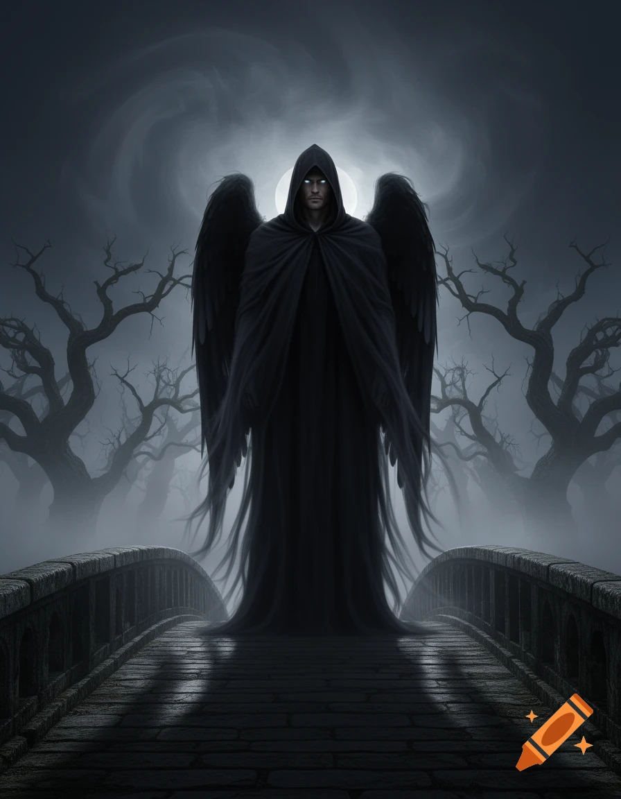 A dark angel with glowing eyes and large black wings stands on a stone bridge in a foggy, moonlit forest.