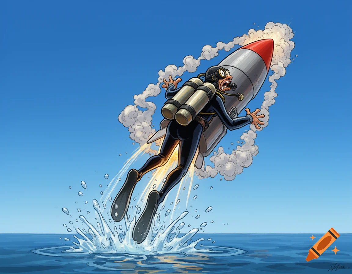 A startled cartoon diver, propelled by a rocket on his back, launches out of the ocean with a splash, amidst smoke.