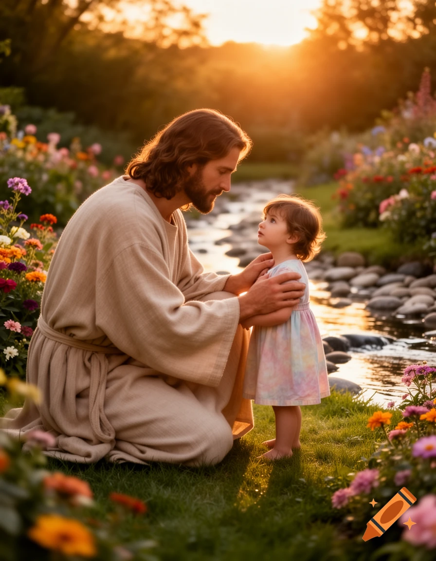 Jesus kneels to comfort a small child in a sun-drenched garden filled with colorful flowers and a stream.