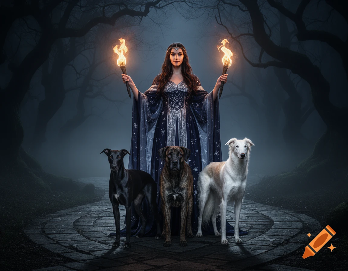 A dark-haired woman in a long blue dress holds two flaming torches, standing with three dogs on a stone path in a misty, moonlit forest.