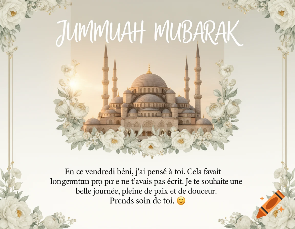 Elegant greeting card with a mosque encircled by white flowers, featuring 'JUMMUAH MUBARAK' and a French message.