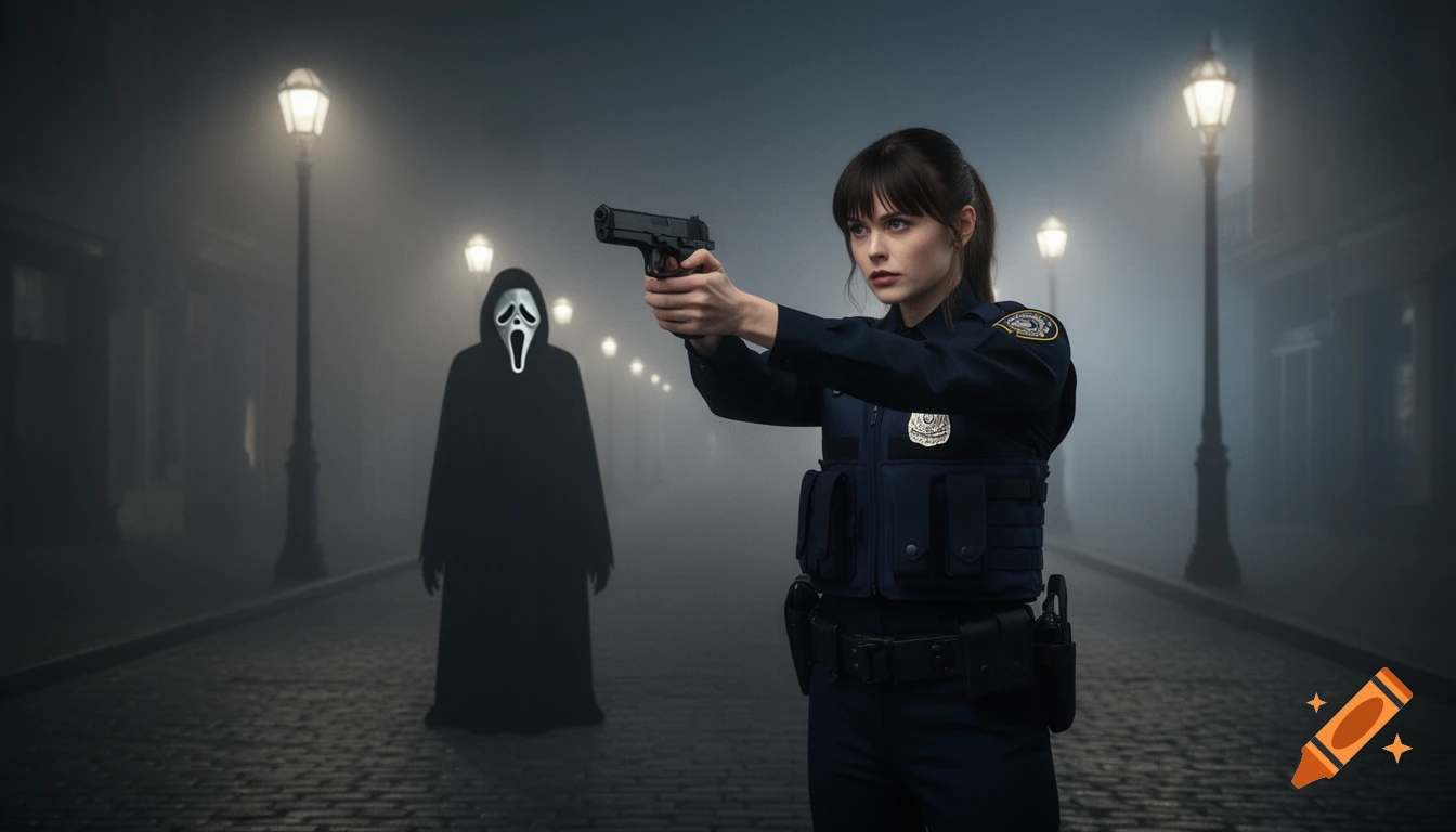 A police officer points a handgun at Ghostface on a dark, foggy street lit by old-fashioned lamps.