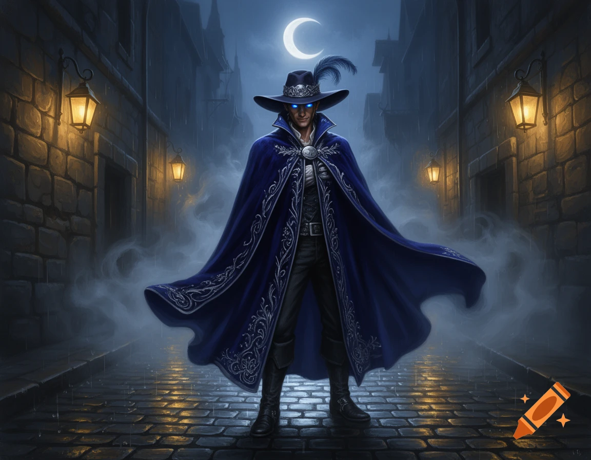 A mysterious figure in a dark blue cape and wide-brimmed hat with glowing blue eyes stands on a wet cobblestone street at night under a crescent moon.