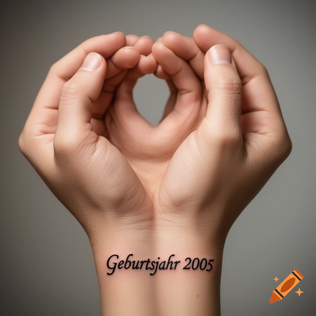 Two hands forming a heart shape, with 'Geburtsjahr 2005' tattooed on the wrist in a photorealistic style.