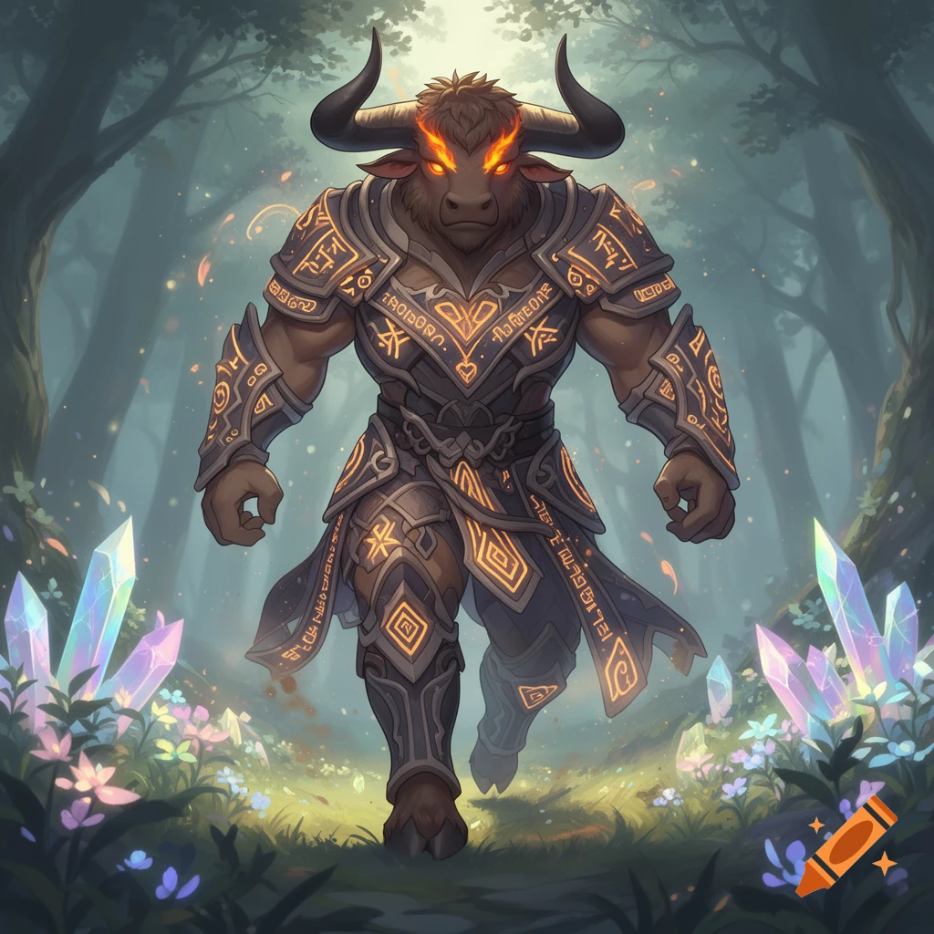 A powerful minotaur character with glowing eyes and fiery horns stands in a magical forest, wearing ornate, glowing armor with runes. Large crystals and small flowers dot the forest floor in this fantasy art style.