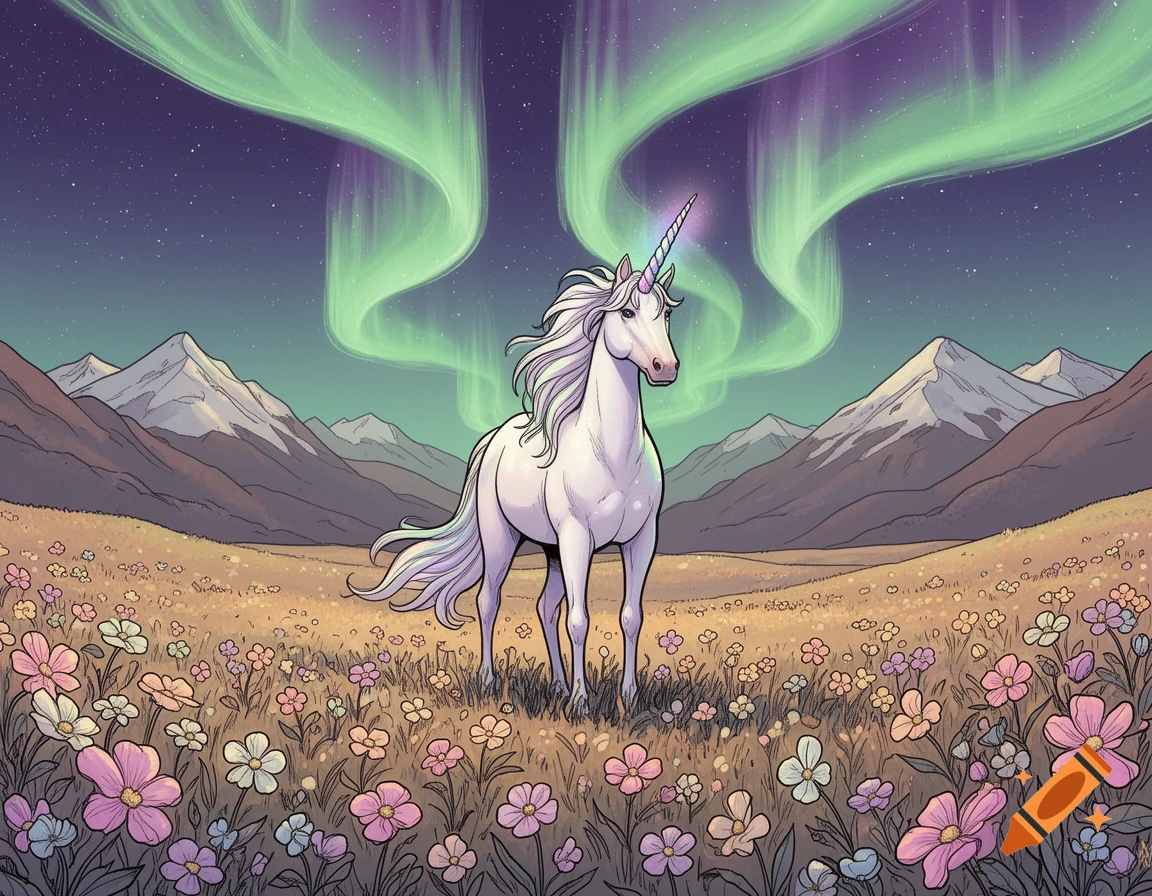A white unicorn stands in a flower meadow with mountains and green aurora borealis under a starry night sky, in comic style.