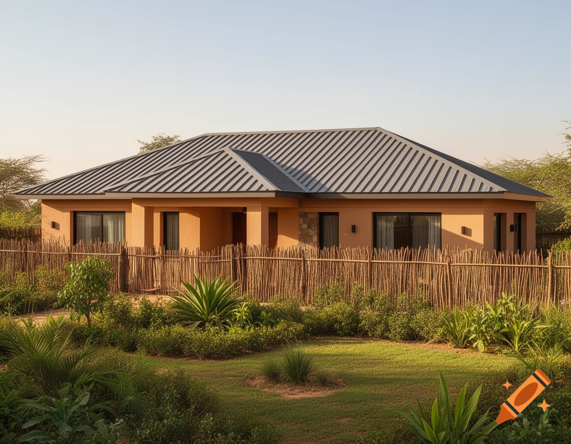 A single-story, terracotta-colored house with a grey corrugated roof, surrounded by a rustic stick fence and a lush green garden.