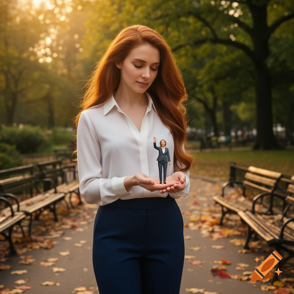 A photorealistic image of a woman with long red hair holding a tiny woman in a business suit in her cupped hands, in an autumn park.