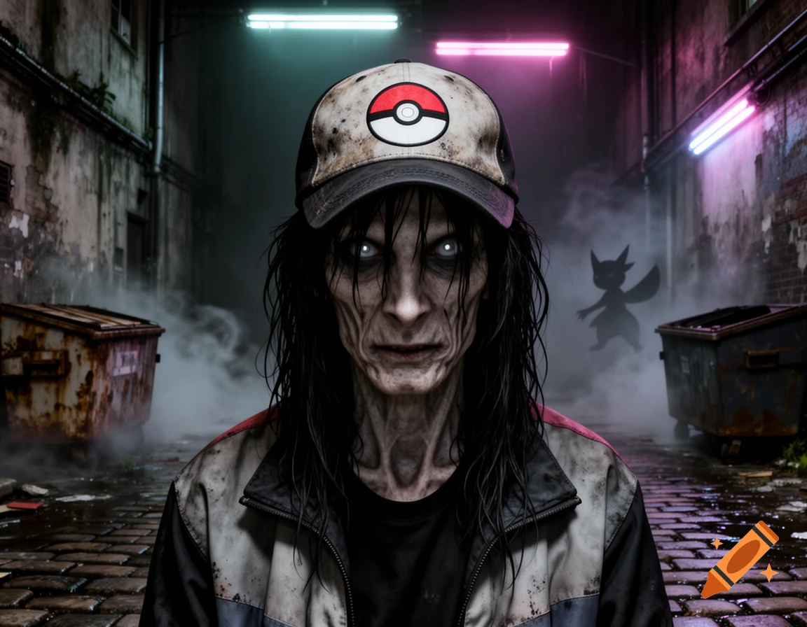 A horror-style man in a dirty Pokeball hat with pale skin and glowing eyes in a foggy alley. A Pokemon silhouette is in the background.