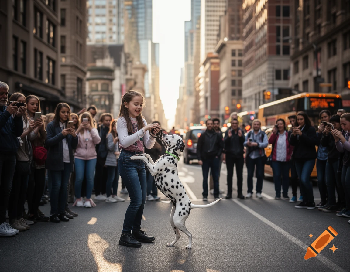 A smiling girl makes a Dalmatian dog stand on its hind legs on a busy city street with onlookers watching, photorealistic style.