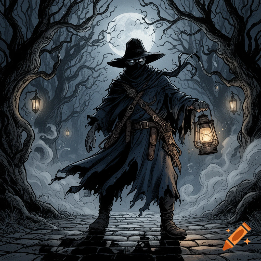 A mysterious figure in a dark hat and cloak stands on a cobblestone path in a gnarled forest under a full moon, holding a lantern, in a dark comic art style.