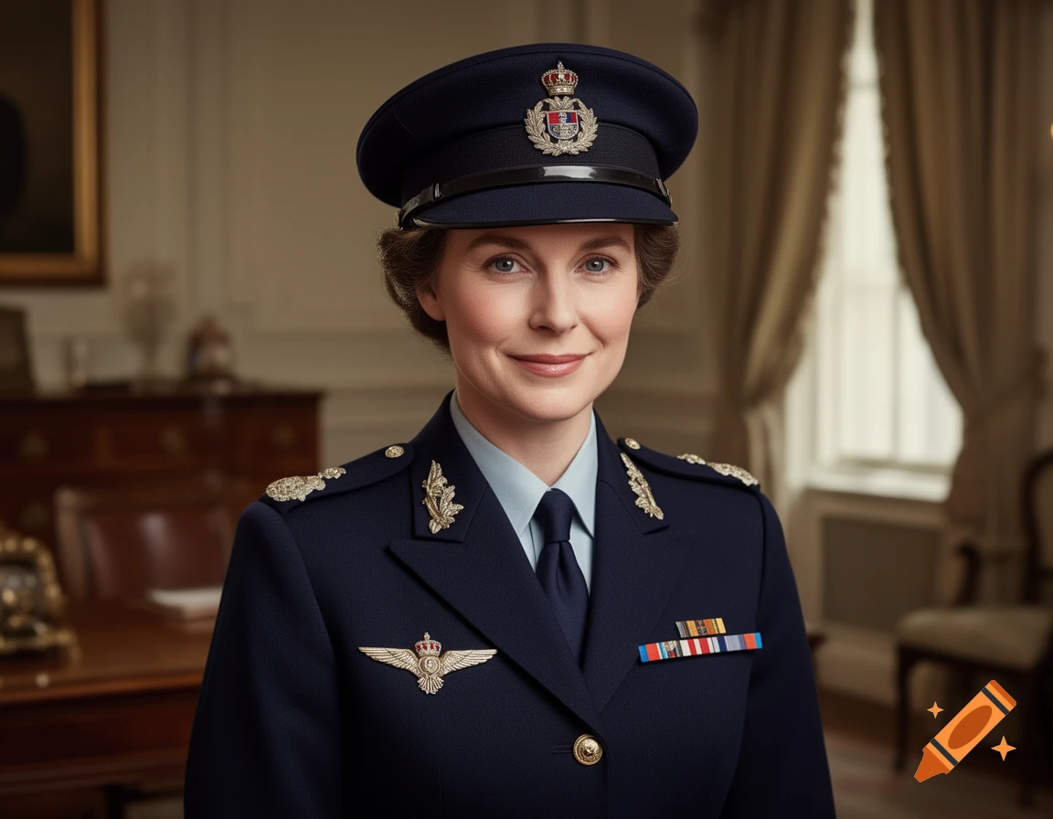 A photorealistic portrait of a woman in a dark blue military uniform and hat, smiling gently in a formal room.