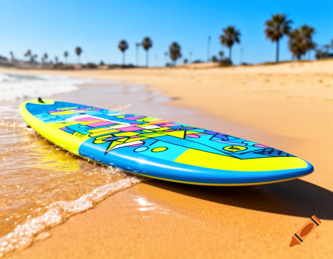 A vibrant, colorful surfboard with geometric patterns lies on the wet sand of a sunny beach, with palm trees in the blurred background.