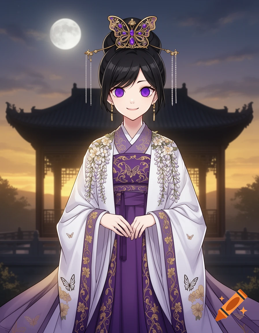 Anime girl in elegant purple and white Hanfu with butterfly hairpin, standing before a Chinese palace at dusk under a full moon.