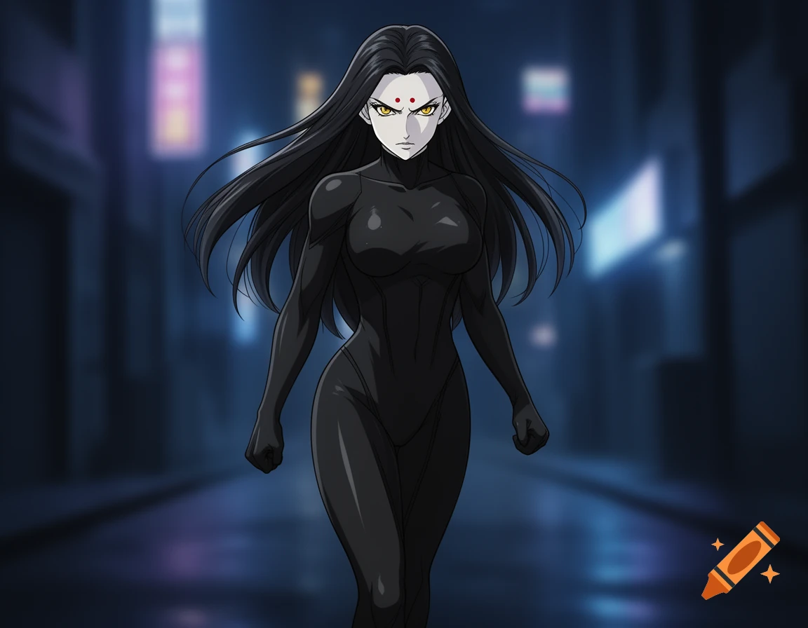 A female warrior with long black hair, gold eyes, and red dots above her eyebrows, wearing a black skin-tight suit, stands in a dark alley. Anime style.