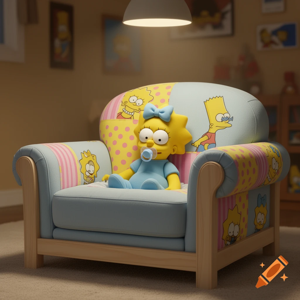 A 3D rendered image of a Maggie Simpson doll with a pacifier sitting in a pastel-colored armchair decorated with The Simpsons characters.