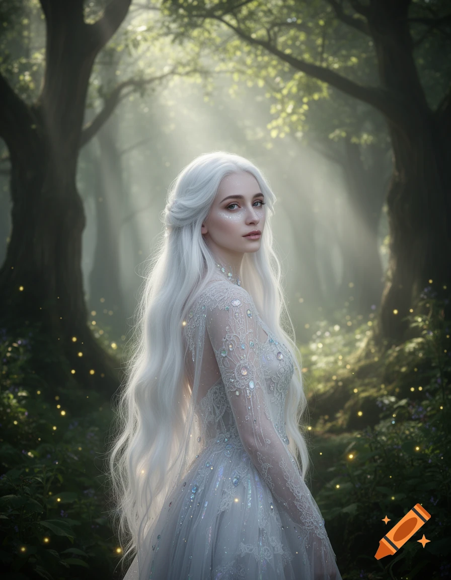 A fantasy woman with long white hair in a shimmering white gown stands in a magical, sunlit forest.