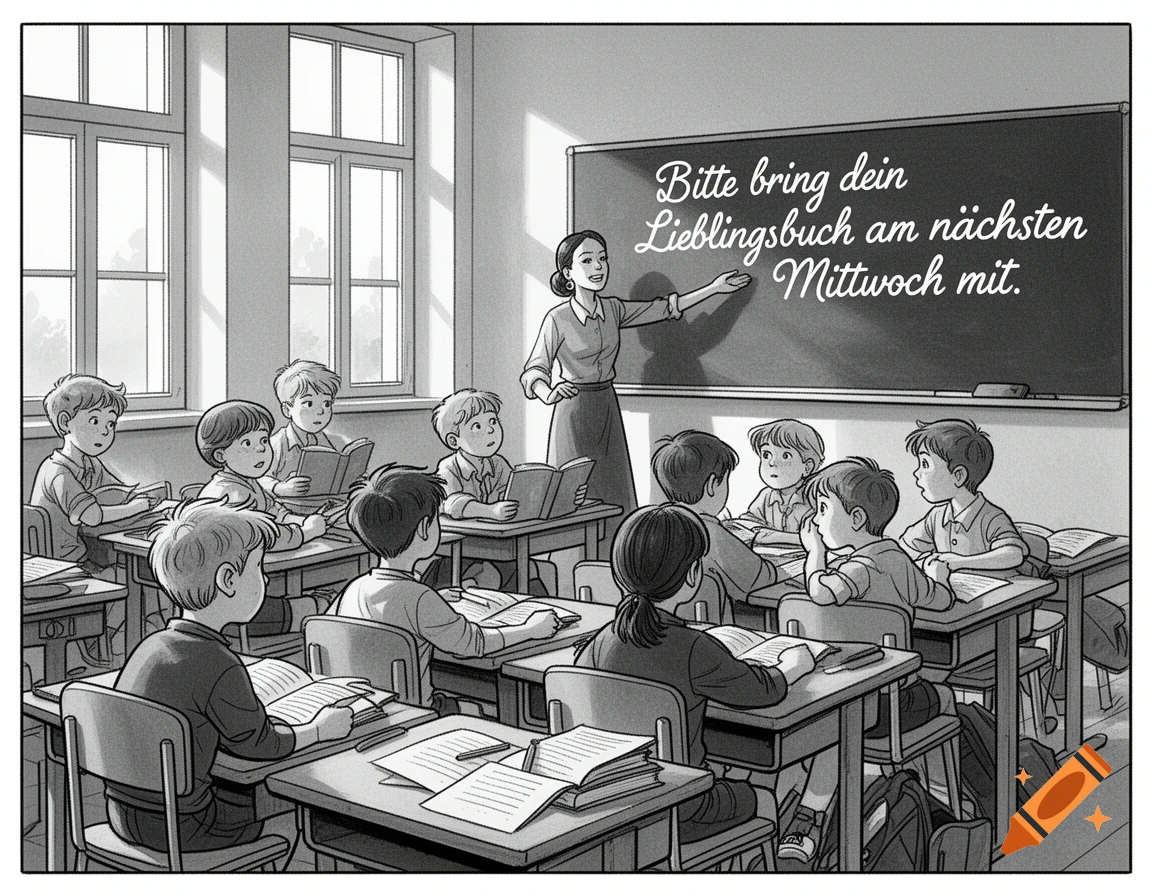 A black and white comic art illustration of a teacher pointing at a blackboard in a classroom full of children.
