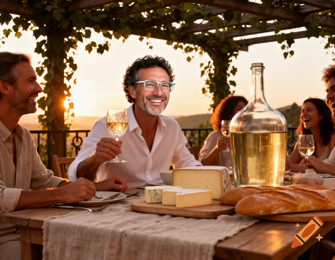 A group of friends enjoys wine, cheese, and bread on an outdoor patio at sunset, with a smiling man holding a wine glass in the foreground.