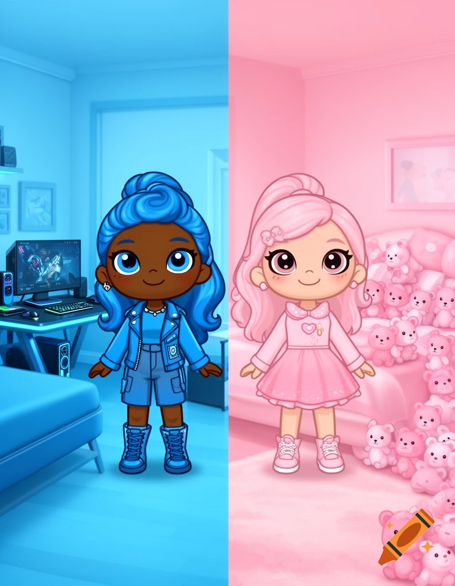 Two Toca Boca-style cartoon girls, one dark-skinned with blue hair in a blue room, one light-skinned with pink hair in a pink room with plushies.
