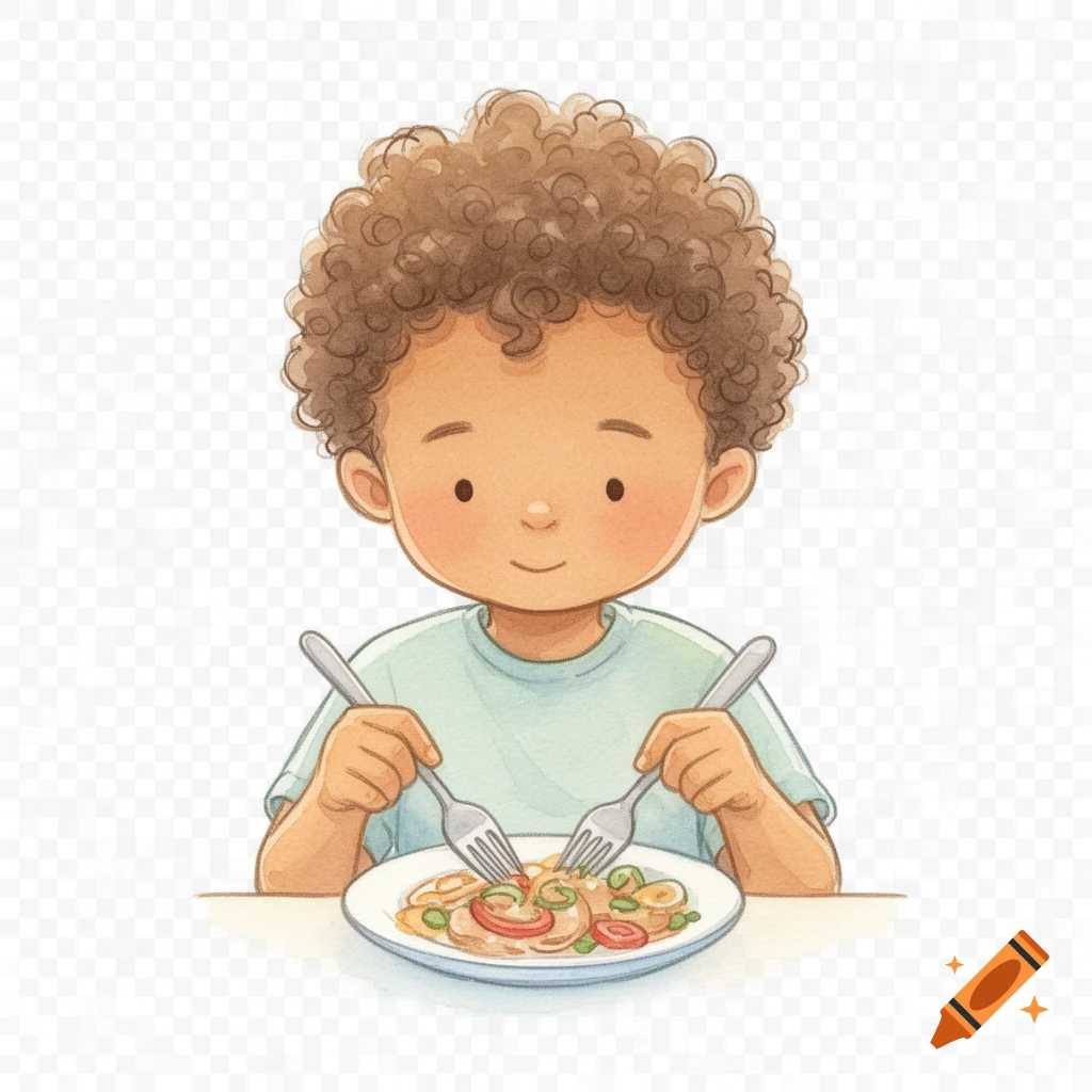 Watercolor illustration of a curly-haired boy with a warm complexion eating dinner with a fork and knife.